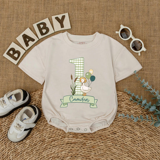 Personalized Goose First Birthday Romper for Baby Girl, Cute Goose Theme Outfit, 1st Birthday Gift, Custom Name, Baby Duck Romper, Birthday Clothes