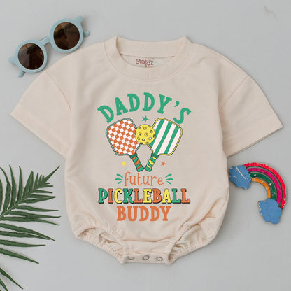 Daddy's Future Pickleball Buddy Romper Retro Baby Bodysuit Outfit Sporty Newborn Clothes Father's Day Gift Cute Green Orange Yellow Design 138 chars