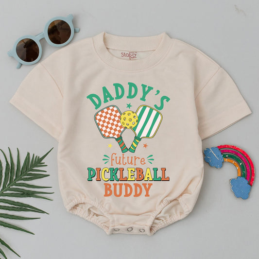 Daddy's Future Pickleball Buddy Romper Retro Baby Bodysuit Outfit Sporty Newborn Clothes Father's Day Gift Cute Green Orange Yellow Design 138 chars