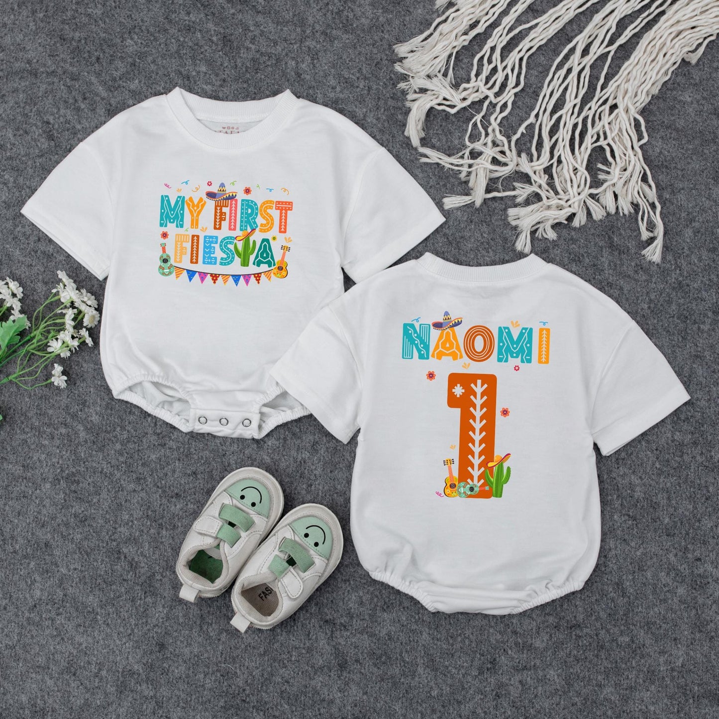 My First Fiesta Baby Bubble Romper Colorful Guitar Sombrero Baby Boy Girl Outfit Mexican Birthday Celebration Clothes