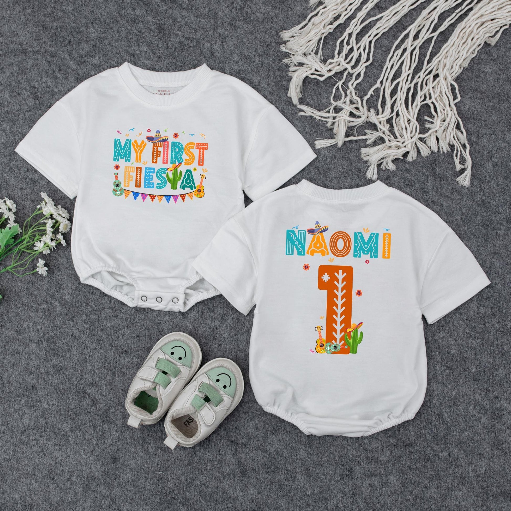 My First Fiesta Baby Bubble Romper Colorful Guitar Sombrero Baby Boy Girl Outfit Mexican Birthday Celebration Clothes