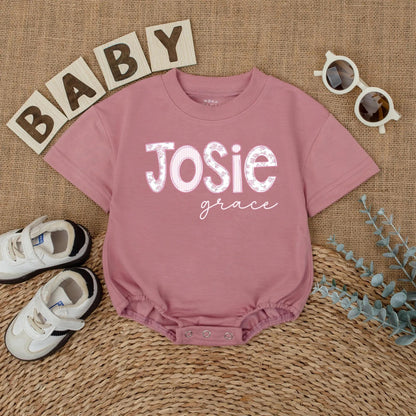 Personalized Pink Floral Baby Girl Romper Wildflower Name Bodysuit Short Sleeve Bubble Outfit Coming Home Newborn Shower Gift