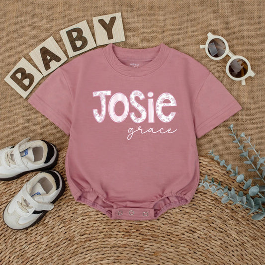 Personalized Pink Floral Baby Girl Romper Wildflower Name Bodysuit Short Sleeve Bubble Outfit Coming Home Newborn Shower Gift