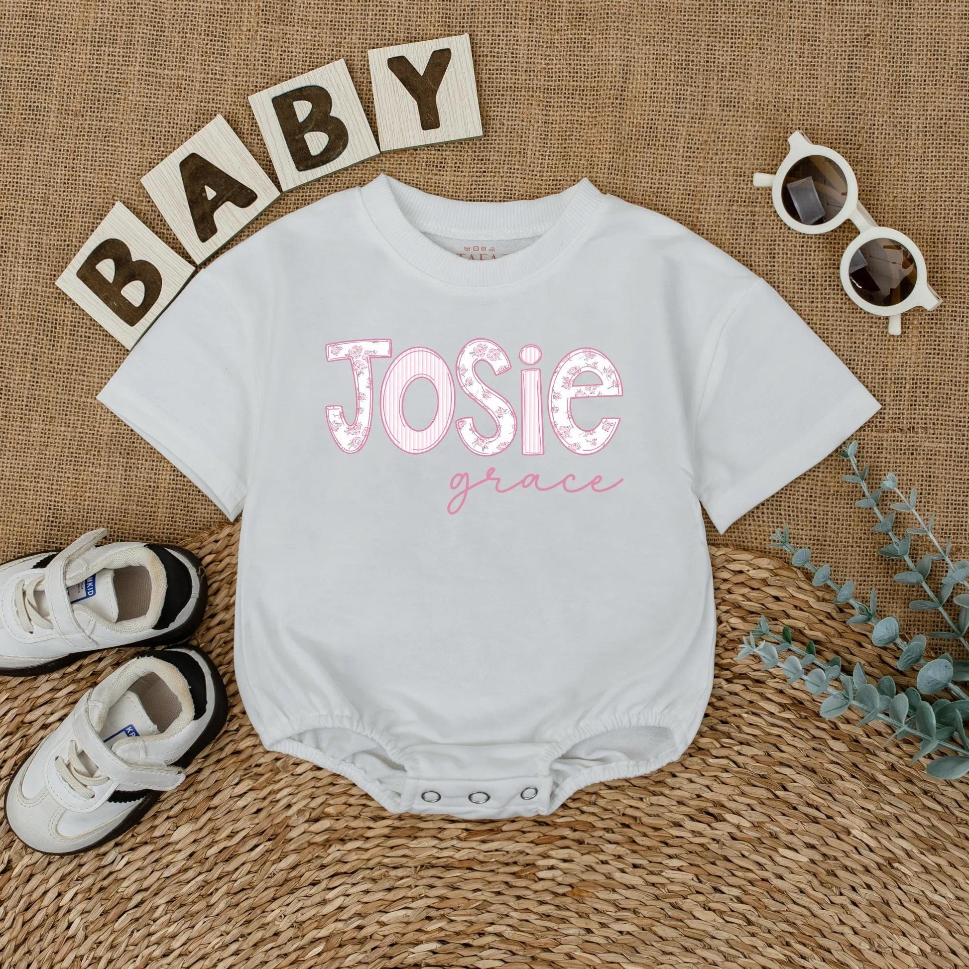 Personalized Pink Floral Baby Girl Romper Wildflower Name Bodysuit Short Sleeve Bubble Outfit Coming Home Newborn Shower Gift