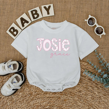 Personalized Pink Floral Baby Girl Romper Wildflower Name Bodysuit Short Sleeve Bubble Outfit Coming Home Newborn Shower Gift