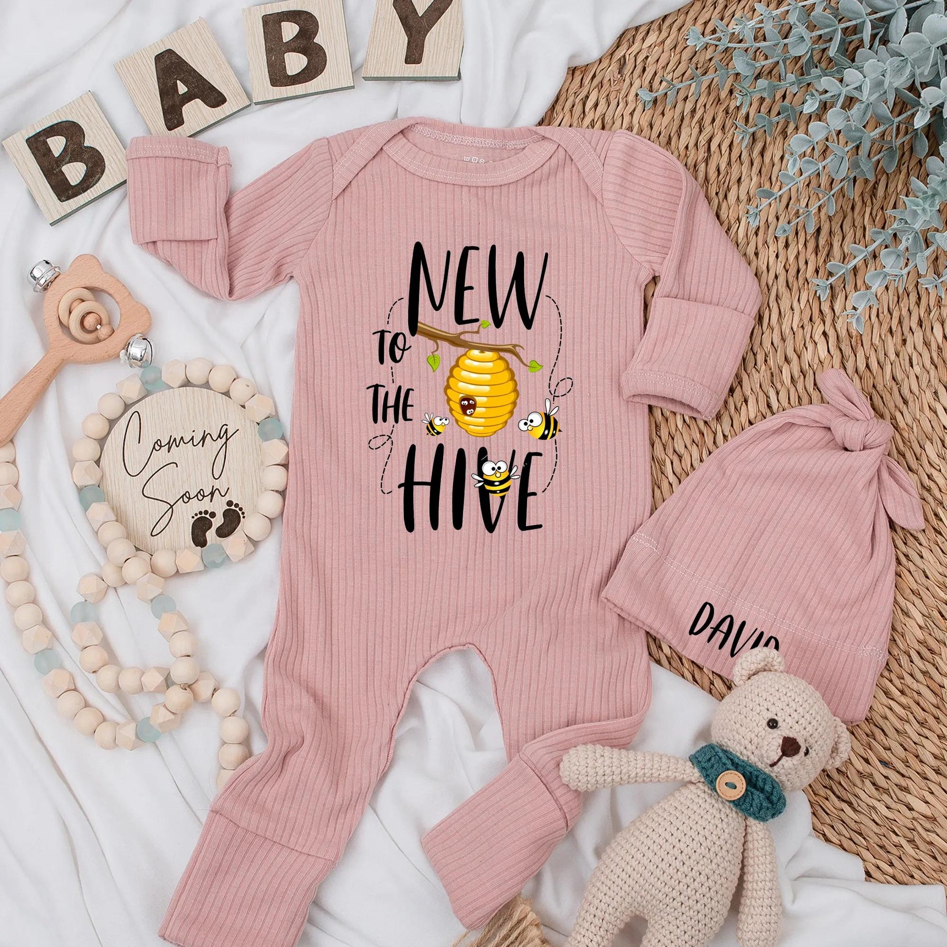 Personalized New to the Hive Baby Bodysuit, Cute Bee Romper, Honey Newborn Outfit,  Baby Shower Gift, Custom Name Coming Home Outfit 138 chars