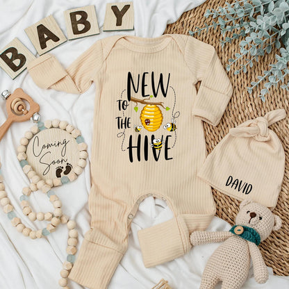 Personalized New to the Hive Baby Bodysuit, Cute Bee Romper, Honey Newborn Outfit,  Baby Shower Gift, Custom Name Coming Home Outfit 138 chars