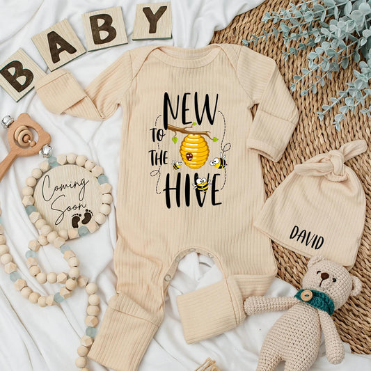 Personalized New to the Hive Baby Bodysuit, Cute Bee Romper, Honey Newborn Outfit,  Baby Shower Gift, Custom Name Coming Home Outfit 138 chars