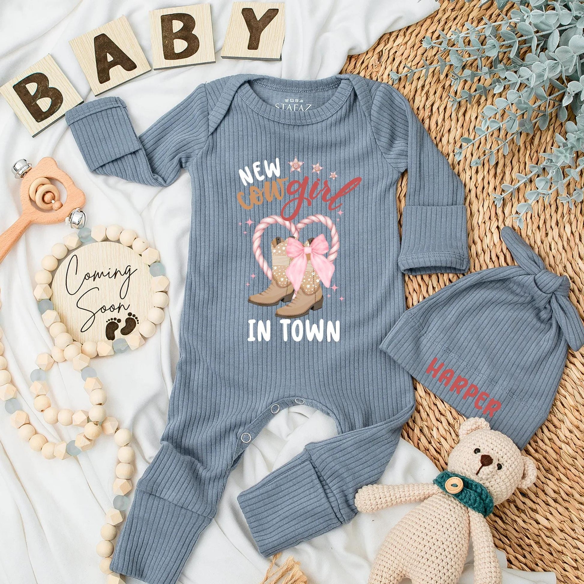 New Cowgirl in Town Baby Girl Bodysuit Cowboy Boots Western Baby Shower Gift Newborn Coming Home Outfit Personalized