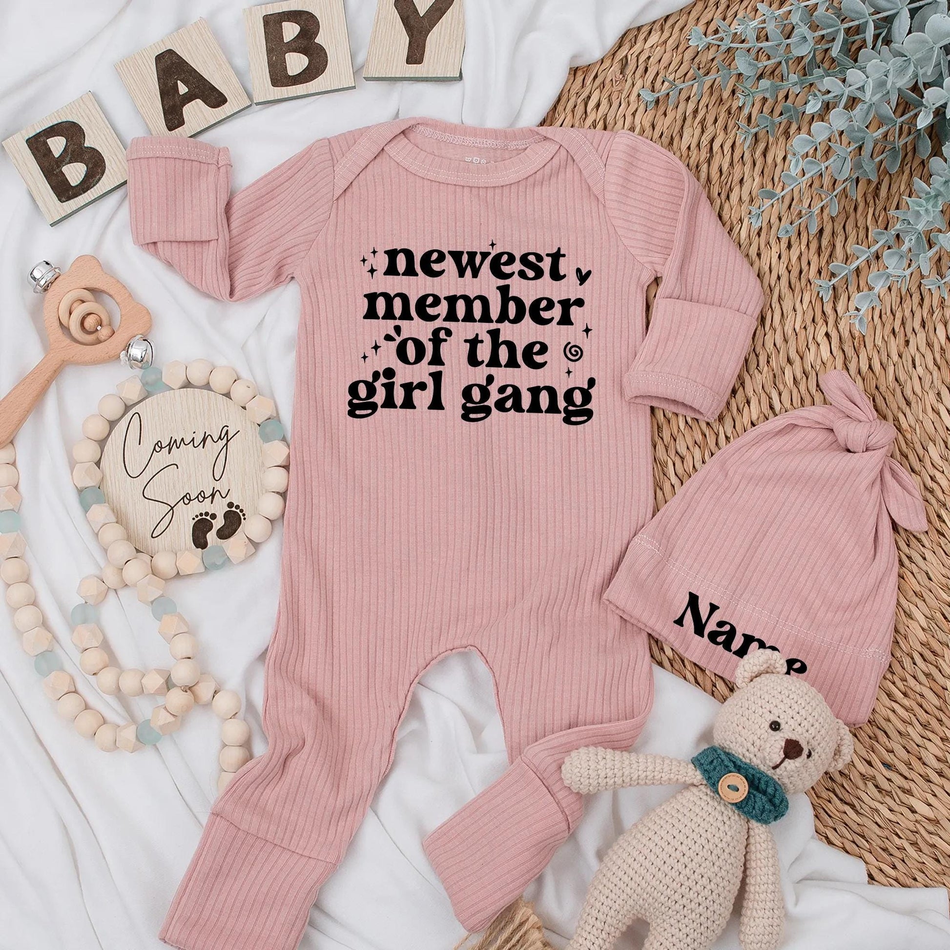 Personalized Newest Member of the Girl Gang Baby Bodysuit and Hat Set for Newborn Girl Perfect Coming Home Outfit Baby Shower Gift or Unique Infant Clothing