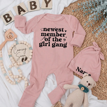 Personalized Newest Member of the Girl Gang Baby Bodysuit and Hat Set for Newborn Girl Perfect Coming Home Outfit Baby Shower Gift or Unique Infant Clothing