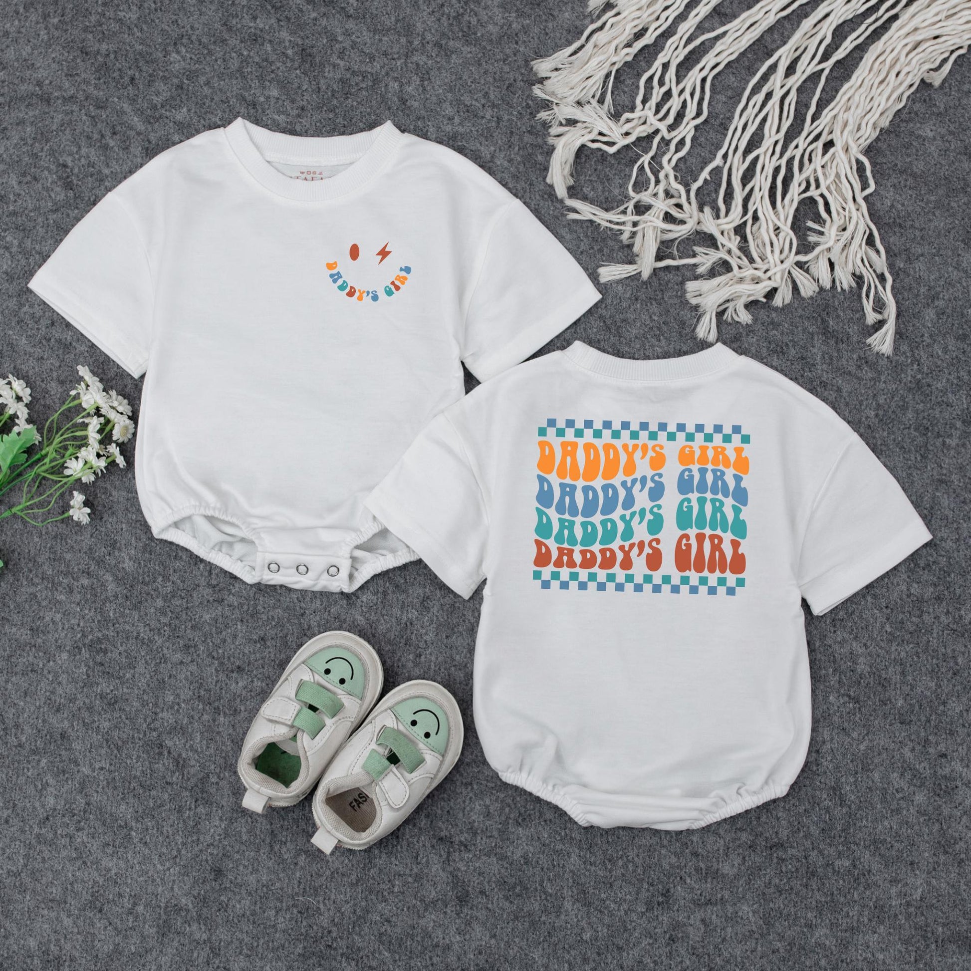 Daddy's Girl Retro Wavy Baby Romper Smiley Face Lightning Bolt Outfit Perfect Father's Day Gift or Baby Shower Present for Infant Girls