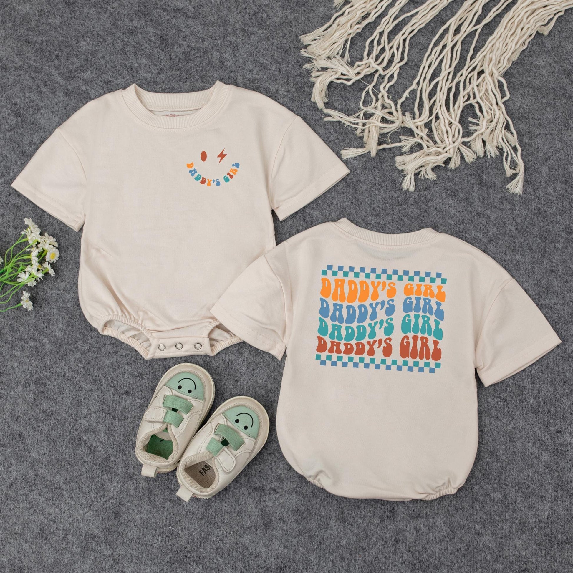 Daddy's Girl Retro Wavy Baby Romper Smiley Face Lightning Bolt Outfit Perfect Father's Day Gift or Baby Shower Present for Infant Girls