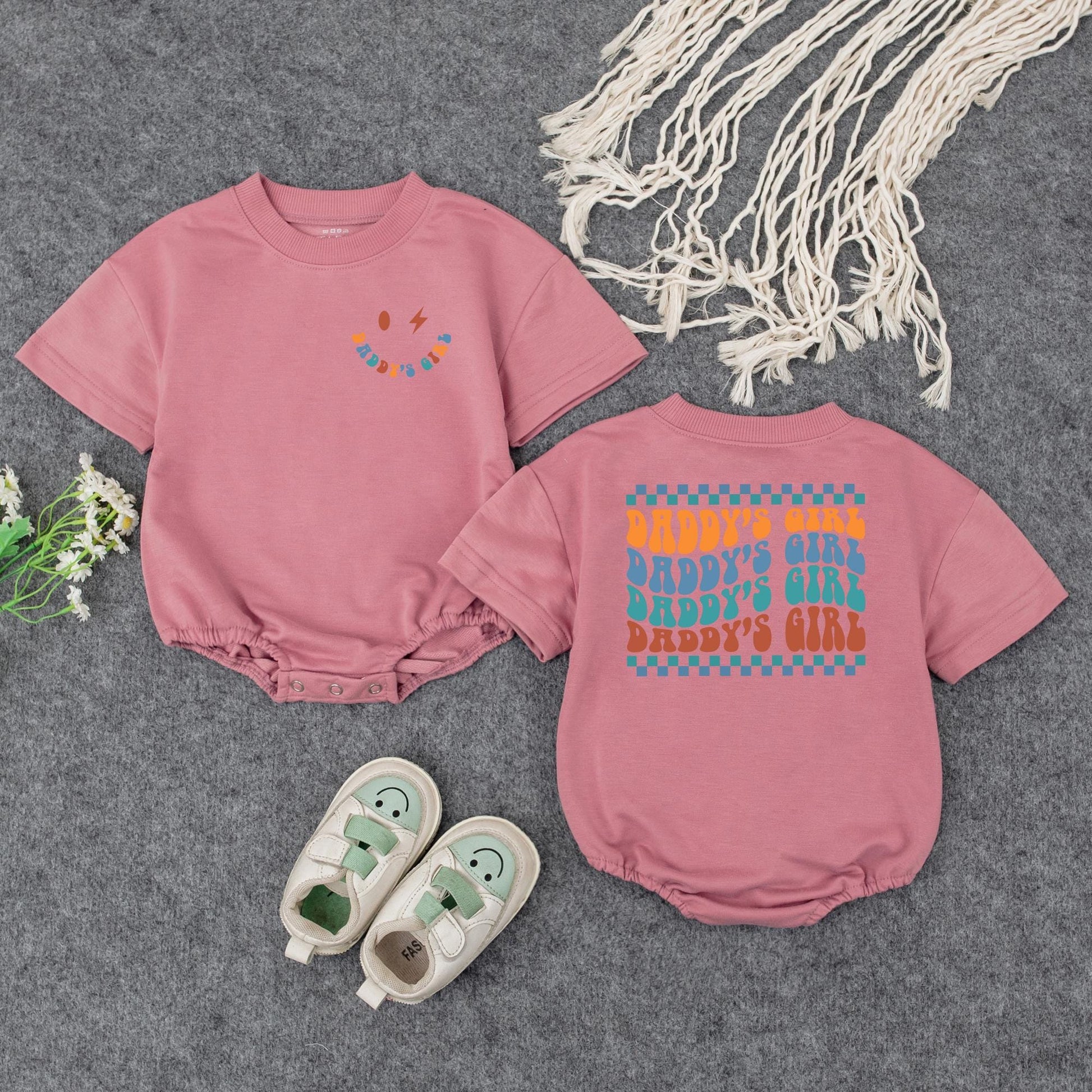 Daddy's Girl Retro Wavy Baby Romper Smiley Face Lightning Bolt Outfit Perfect Father's Day Gift or Baby Shower Present for Infant Girls