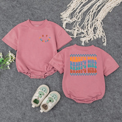 Daddy's Girl Retro Wavy Baby Romper Smiley Face Lightning Bolt Outfit Perfect Father's Day Gift or Baby Shower Present for Infant Girls