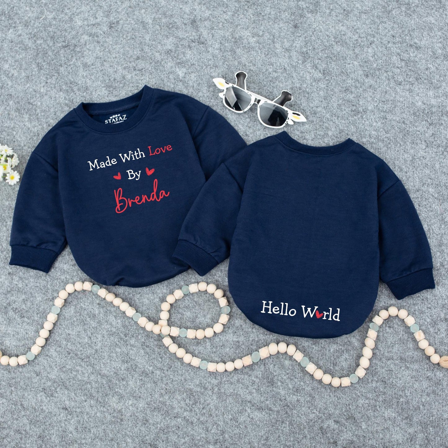 Made With Love Personalized Baby Romper, Cute IVF Announcement Bodysuit, Hello World Heart Design, Unique Baby Shower Gift, Black and Red 139