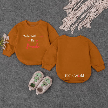 Made With Love Personalized Baby Romper, Cute IVF Announcement Bodysuit, Hello World Heart Design, Unique Baby Shower Gift, Black and Red 139