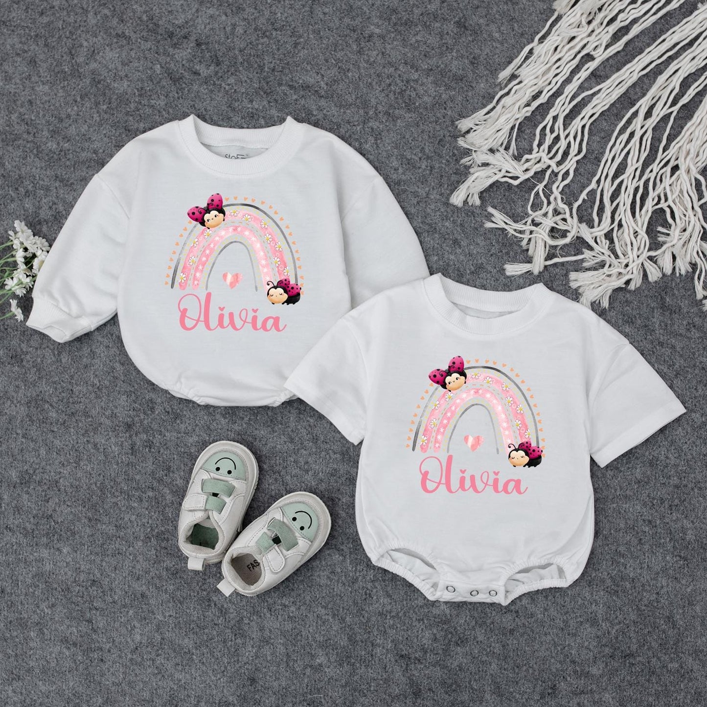 Personalized Baby Girl Rainbow Olivia Name Bodysuit Pink and White Striped Floral Ladybug Design Whimsical Newborn Infant Outfit Shower Gift