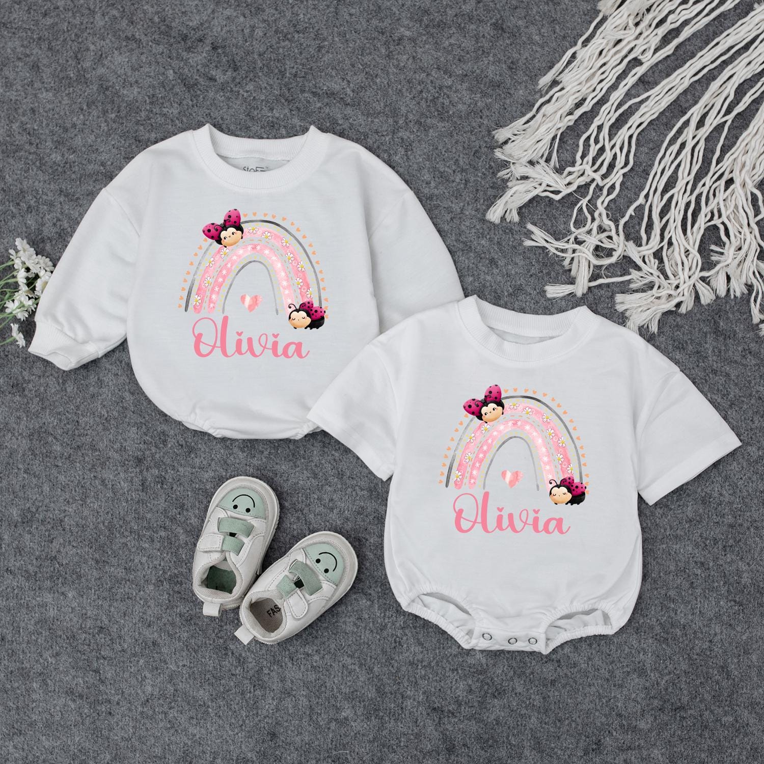 Personalized Baby Girl Rainbow Olivia Name Bodysuit Pink and White Striped Floral Ladybug Design Whimsical Newborn Infant Outfit Shower Gift