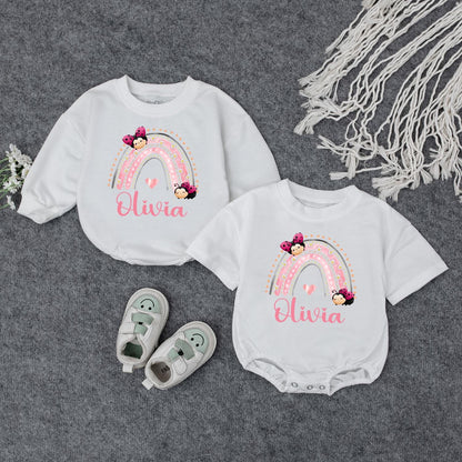 Personalized Baby Girl Rainbow Olivia Name Bodysuit Pink and White Striped Floral Ladybug Design Whimsical Newborn Infant Outfit Shower Gift