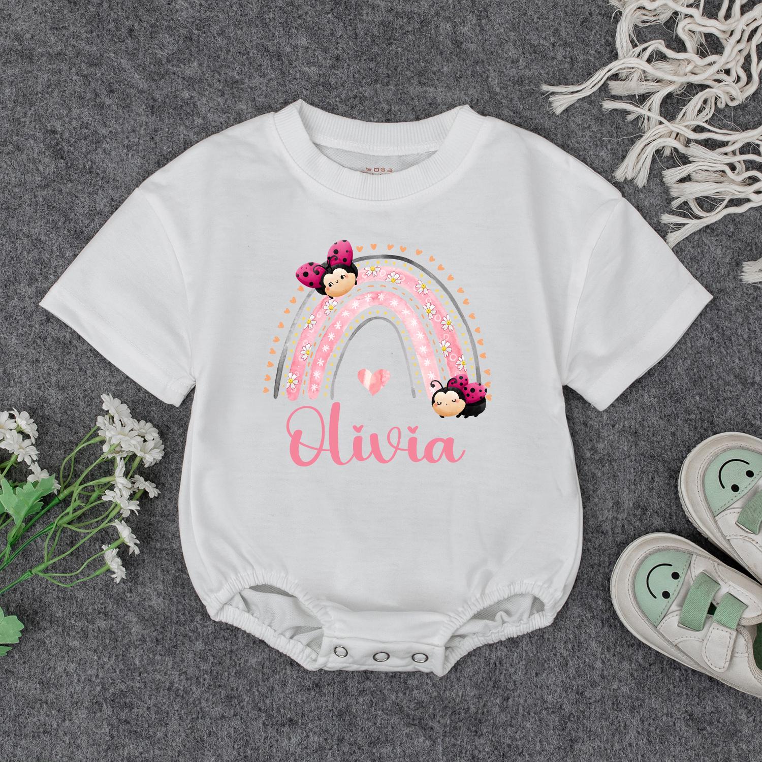 Personalized Baby Girl Rainbow Olivia Name Bodysuit Pink and White Striped Floral Ladybug Design Whimsical Newborn Infant Outfit Shower Gift