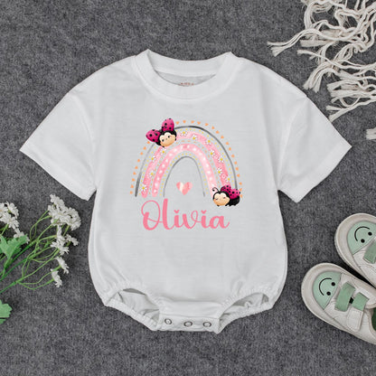 Personalized Baby Girl Rainbow Olivia Name Bodysuit Pink and White Striped Floral Ladybug Design Whimsical Newborn Infant Outfit Shower Gift