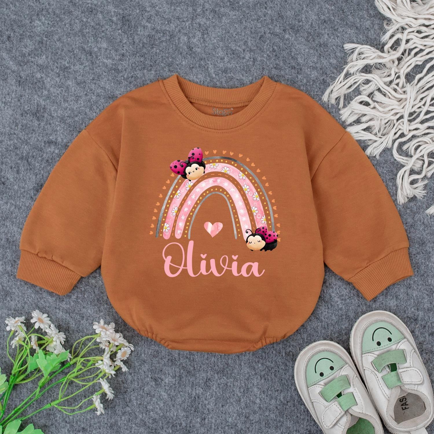 Personalized Baby Girl Rainbow Olivia Name Bodysuit Pink and White Striped Floral Ladybug Design Whimsical Newborn Infant Outfit Shower Gift
