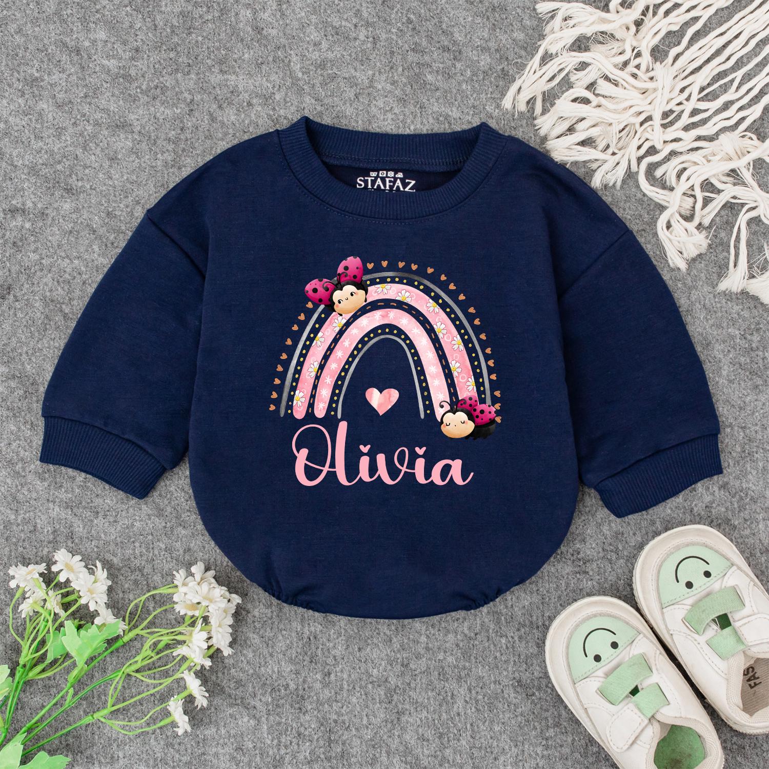 Personalized Baby Girl Rainbow Olivia Name Bodysuit Pink and White Striped Floral Ladybug Design Whimsical Newborn Infant Outfit Shower Gift