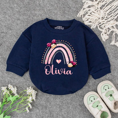 Personalized Baby Girl Rainbow Olivia Name Bodysuit Pink and White Striped Floral Ladybug Design Whimsical Newborn Infant Outfit Shower Gift