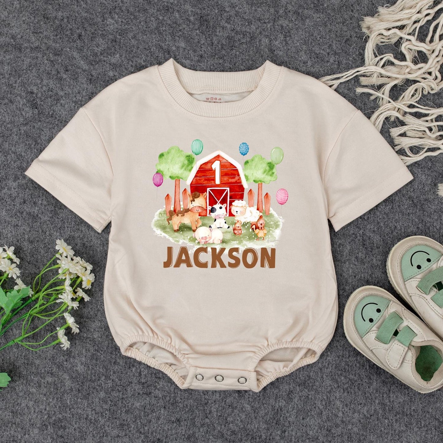 Personalized Farm 1st Birthday Bodysuit Baby Outfit, Red Barn & Animals, Custom Name Romper, Barnyard Party Clothes, Girl or Boy Gift, First Birthday