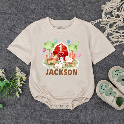 Personalized Farm 1st Birthday Bodysuit Baby Outfit, Red Barn & Animals, Custom Name Romper, Barnyard Party Clothes, Girl or Boy Gift, First Birthday
