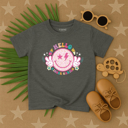 Hello Kindergarten Smiley Face Shirt a joyful back to school outfit for toddlers kids on their first day of preschool or kindergarten comfy tee