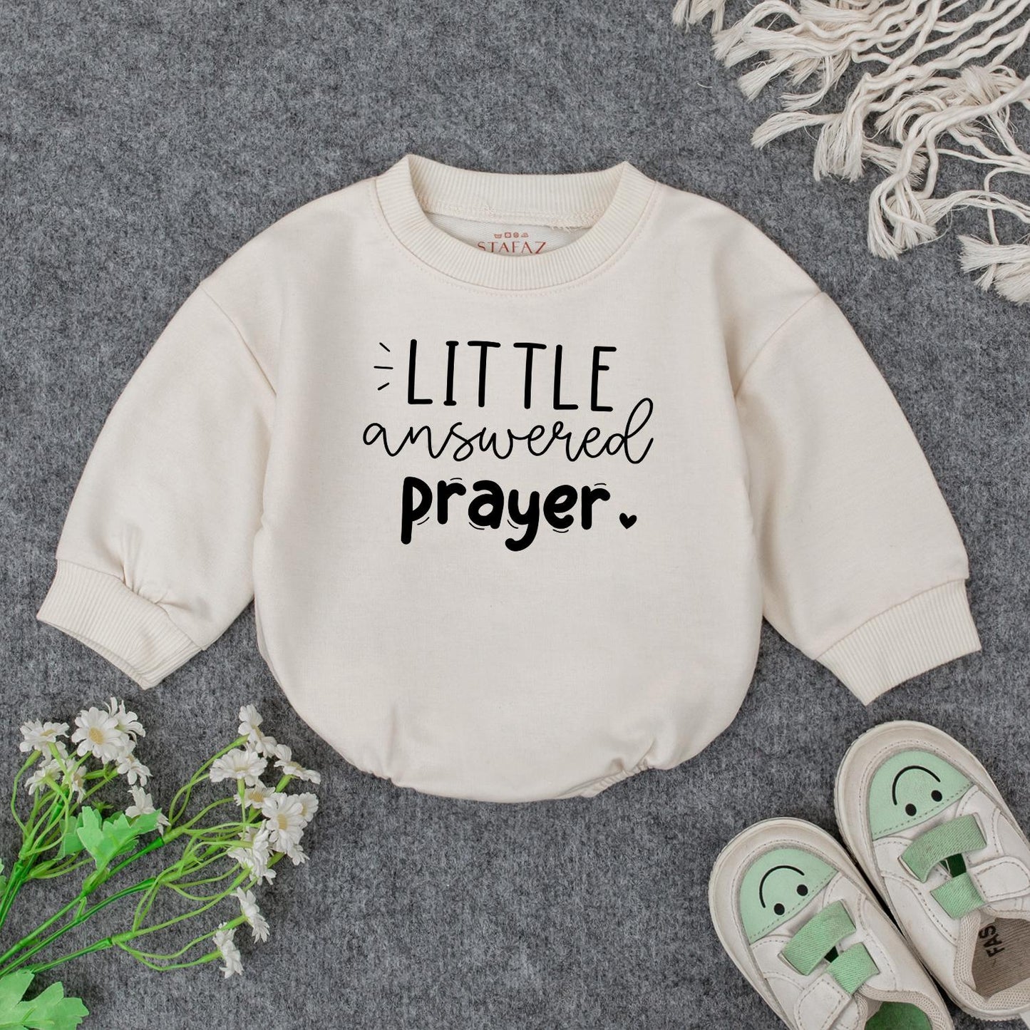 Little Answered Prayer Baby Girl Outfit Soft Pink Cursive Sweatshirt & White Romper Faith Christian Baby Shower Gift 3m-24m
