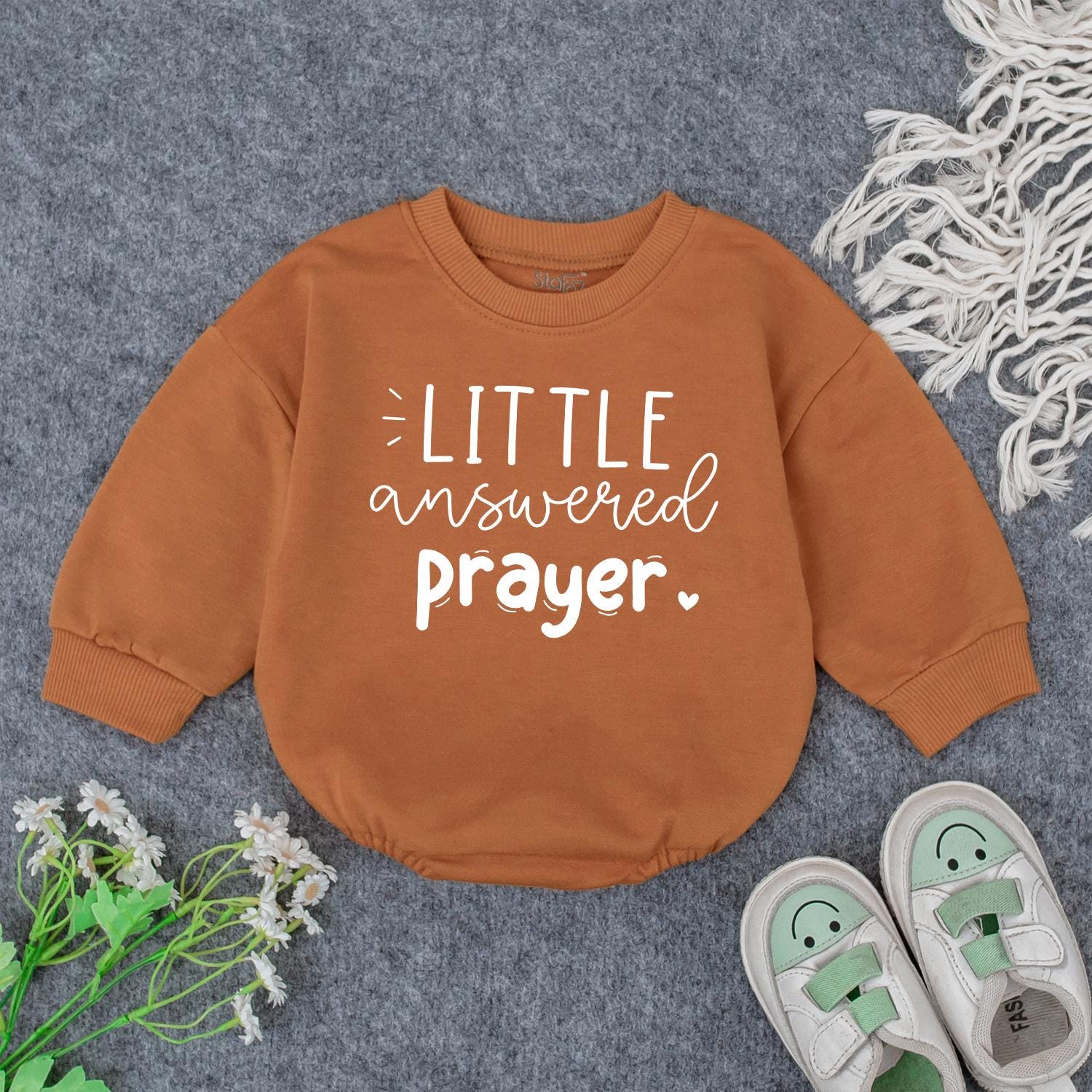 Little Answered Prayer Baby Girl Outfit Soft Pink Cursive Sweatshirt & White Romper Faith Christian Baby Shower Gift 3m-24m