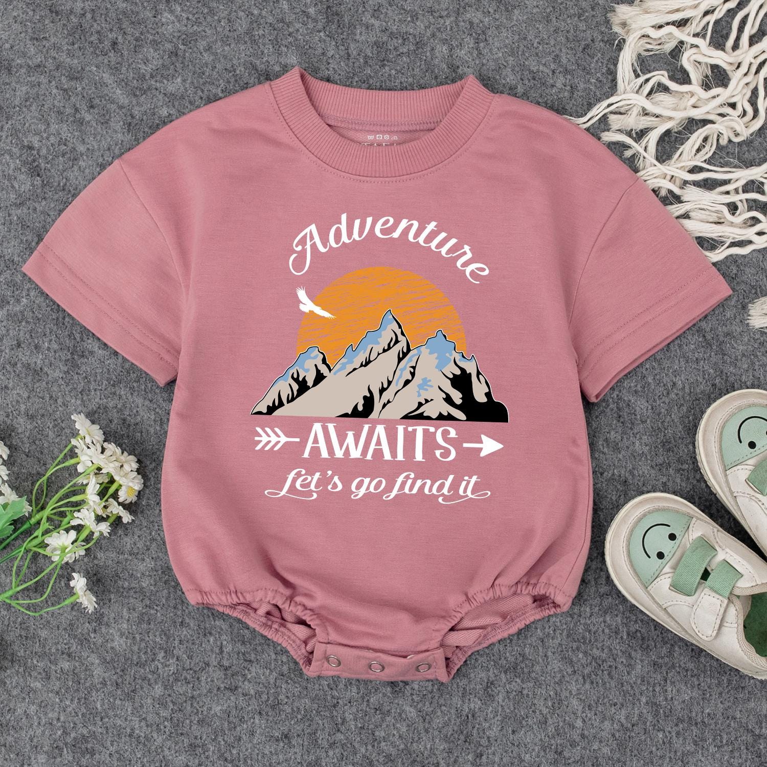 Adventure Awaits Baby Romper: Mountain Print Toddler Outfit for Exploring Let's Go Find It Gift Boy Girl Camping Baby Shower