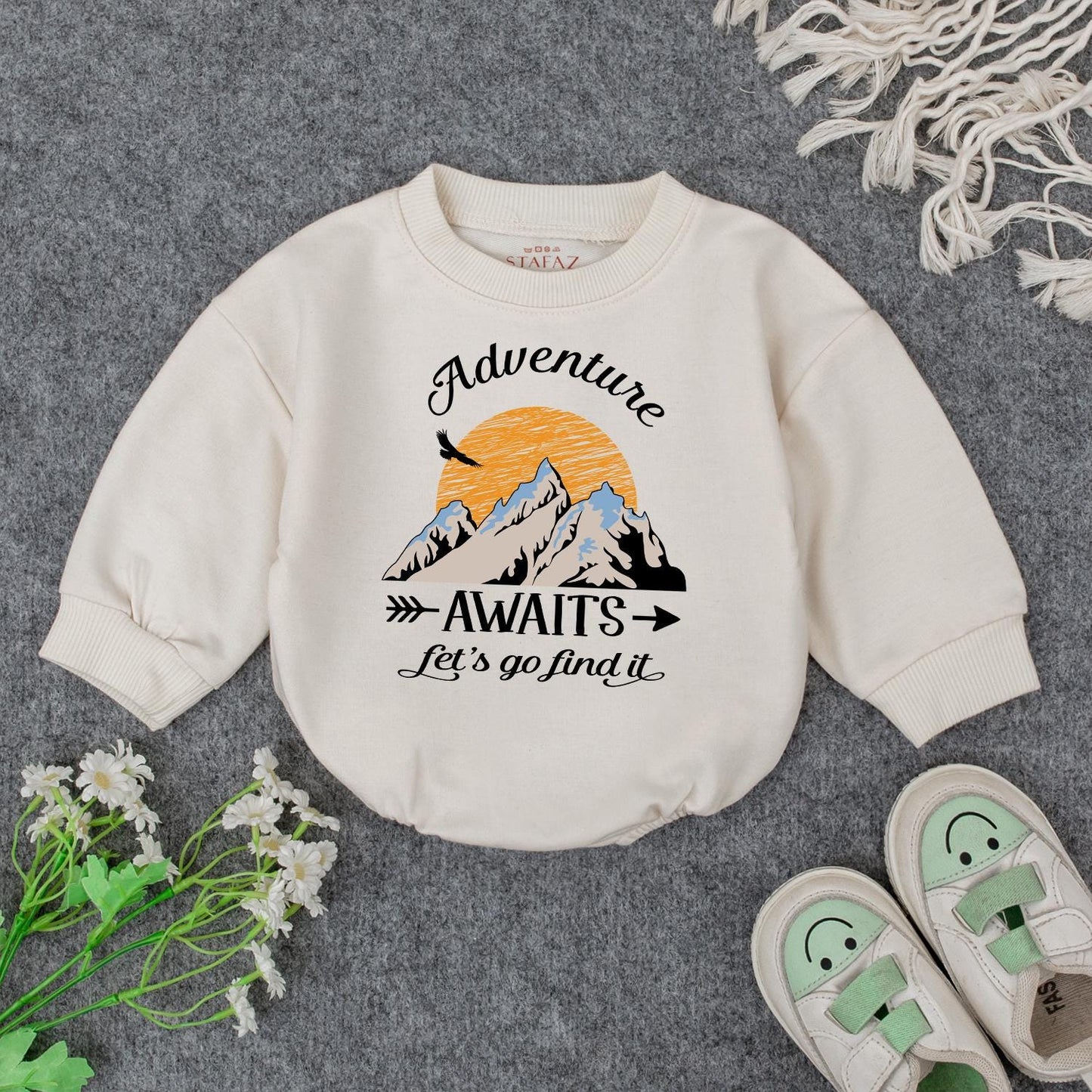 Adventure Awaits Baby Romper: Mountain Print Toddler Outfit for Exploring Let's Go Find It Gift Boy Girl Camping Baby Shower