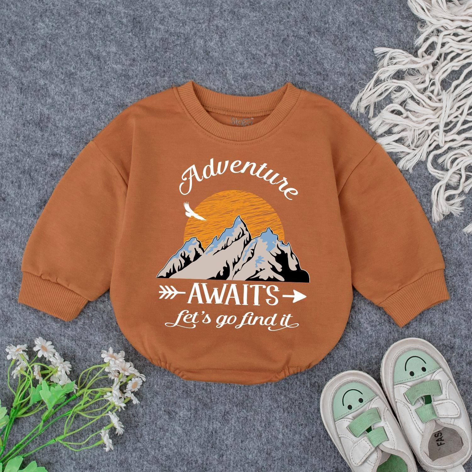 Adventure Awaits Baby Romper: Mountain Print Toddler Outfit for Exploring Let's Go Find It Gift Boy Girl Camping Baby Shower