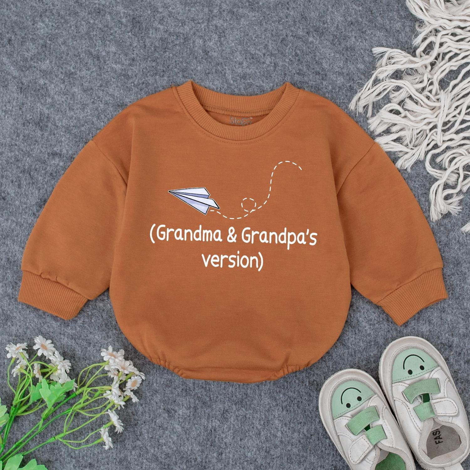 Grandma & Grandpa's Version Baby Outfit: Cute Paper Airplane Design for Grandkids, Baby Shower Gift, Soft Romper