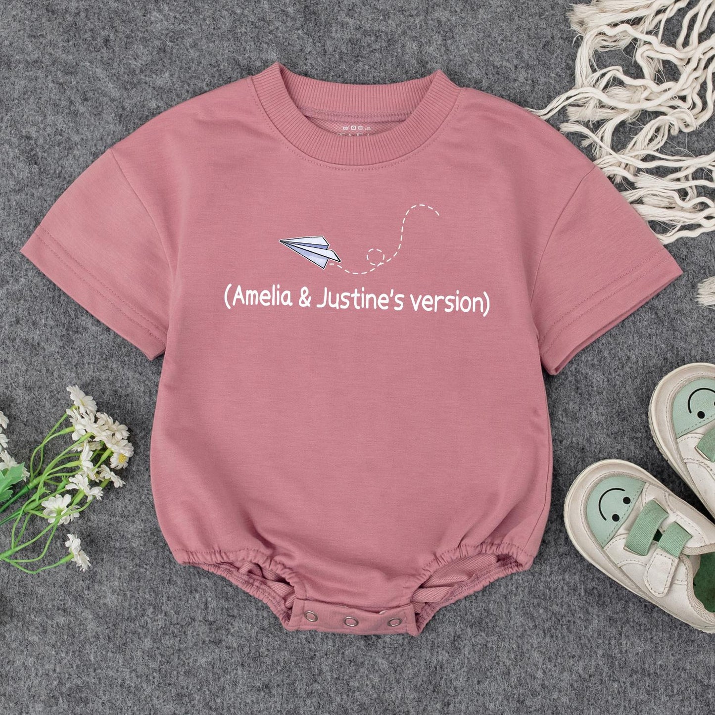 Grandpa's Little Pilot Outfit: Custom Baby Bodysuit with Paper Airplane Design, Perfect Grandbaby Shower Gift with Names (Amelia & Justine's Version)