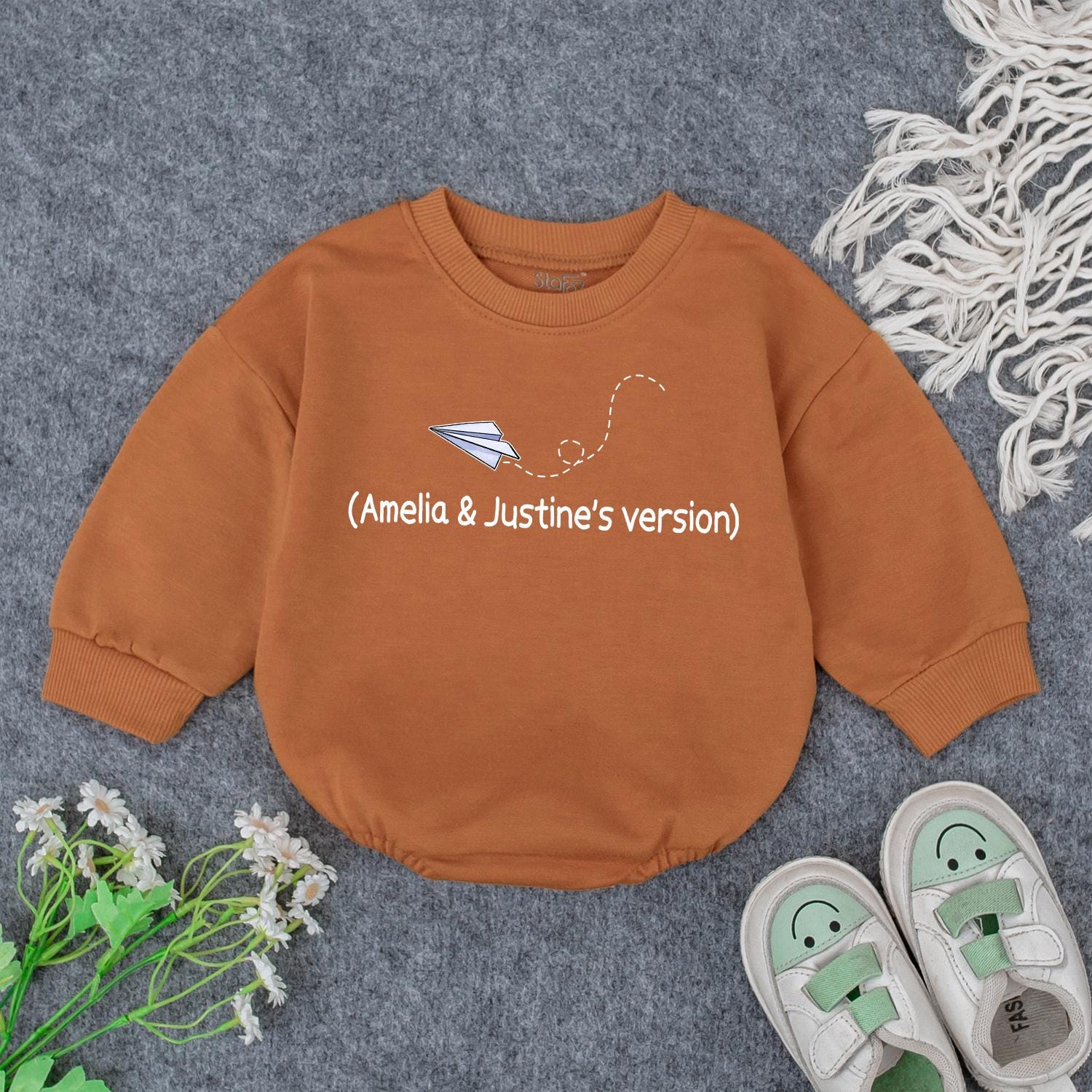 Grandpa's Little Pilot Outfit: Custom Baby Bodysuit with Paper Airplane Design, Perfect Grandbaby Shower Gift with Names (Amelia & Justine's Version)