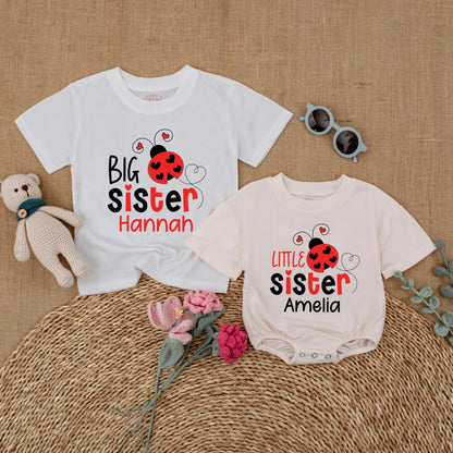 Matching Ladybug Big Sister & Little Sister Rompers: Personalized Sibling Outfits with Names, Baby Girl Announcement, Toddler Shirt Set