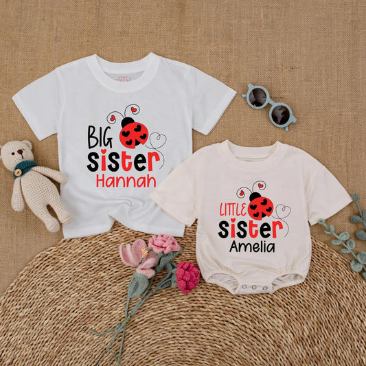 Matching Ladybug Big Sister & Little Sister Rompers: Personalized Sibling Outfits with Names, Baby Girl Announcement, Toddler Shirt Set