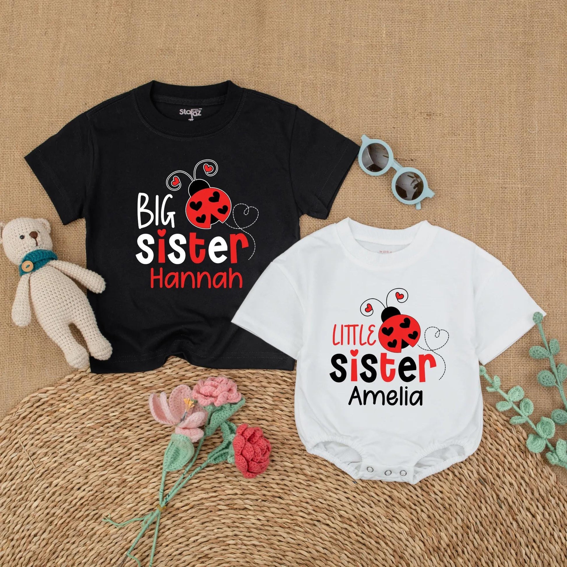 Matching Ladybug Big Sister & Little Sister Rompers: Personalized Sibling Outfits with Names, Baby Girl Announcement, Toddler Shirt Set