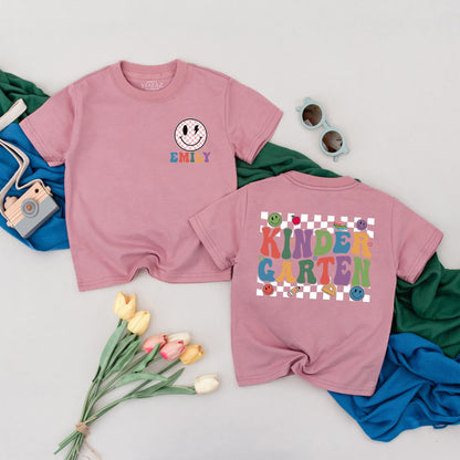 Personalized Kindergarten Shirt Retro Smiley Face Custom Name Toddler Tee Back to School Outfit Gift for Kids Boy Girl First Day