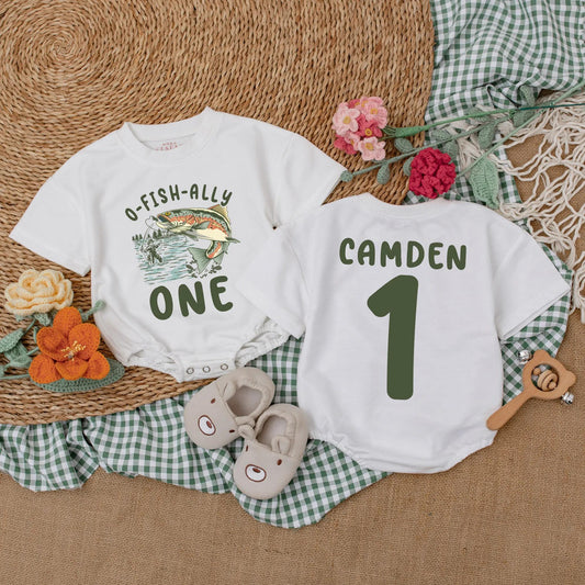 O-Fish-Ally One Fishing Birthday Romper for Baby Boy, Custom Name & Number Crawl Walk Fish Bodysuit Outfit, 1st Birthday
