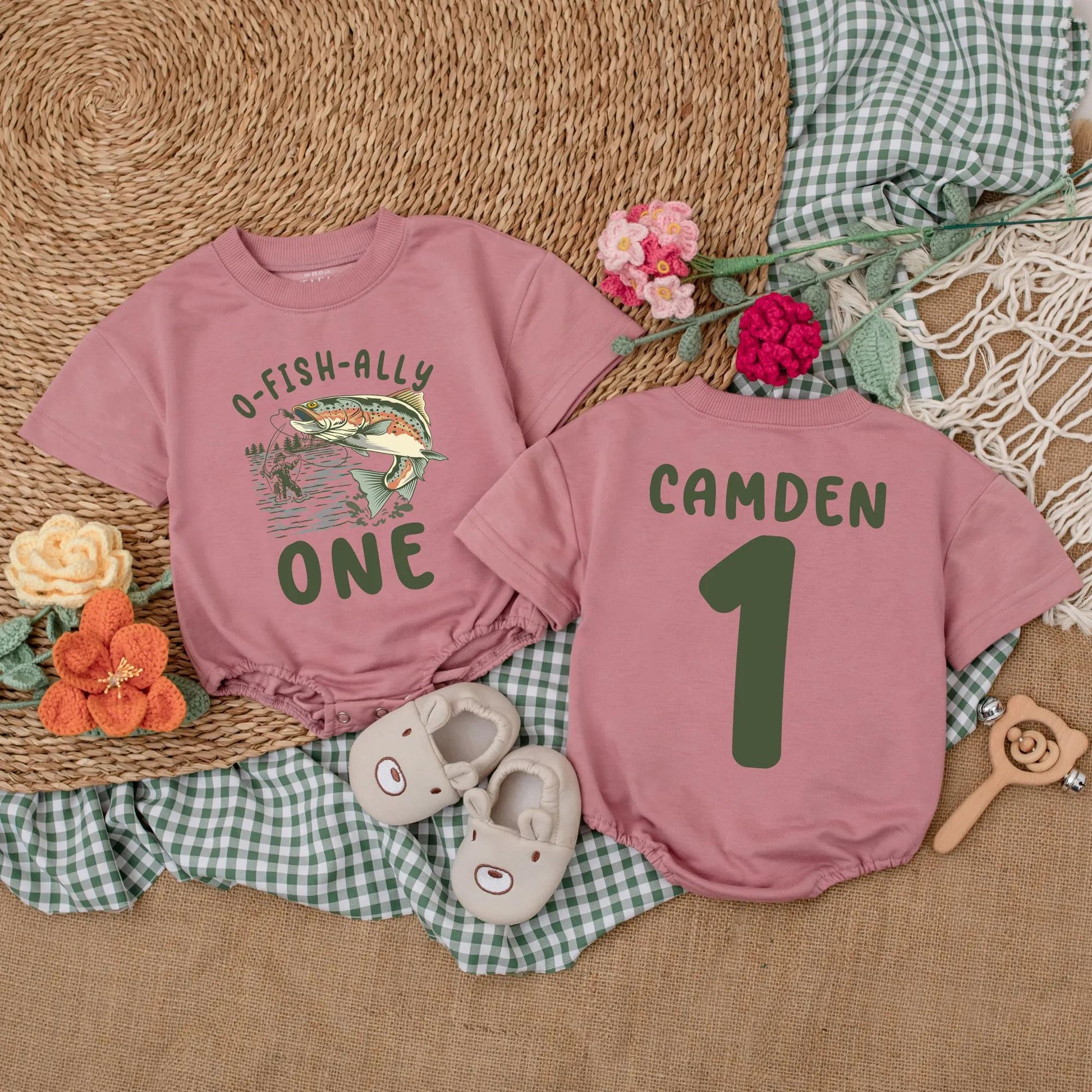 O-Fish-Ally One Fishing Birthday Romper for Baby Boy, Custom Name & Number Crawl Walk Fish Bodysuit Outfit, 1st Birthday