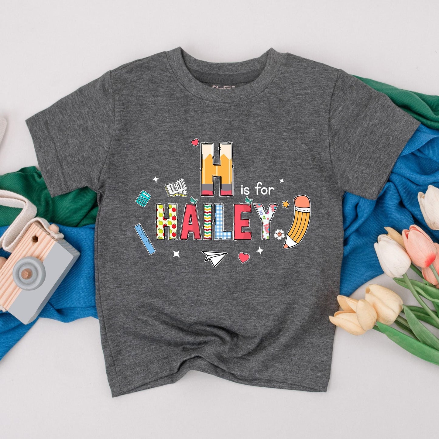Personalized Kids Name Back To School T-Shirt First Day Outfit Cute Preschool Kindergarten Shirt H Is For Hailey Theme Whimsical