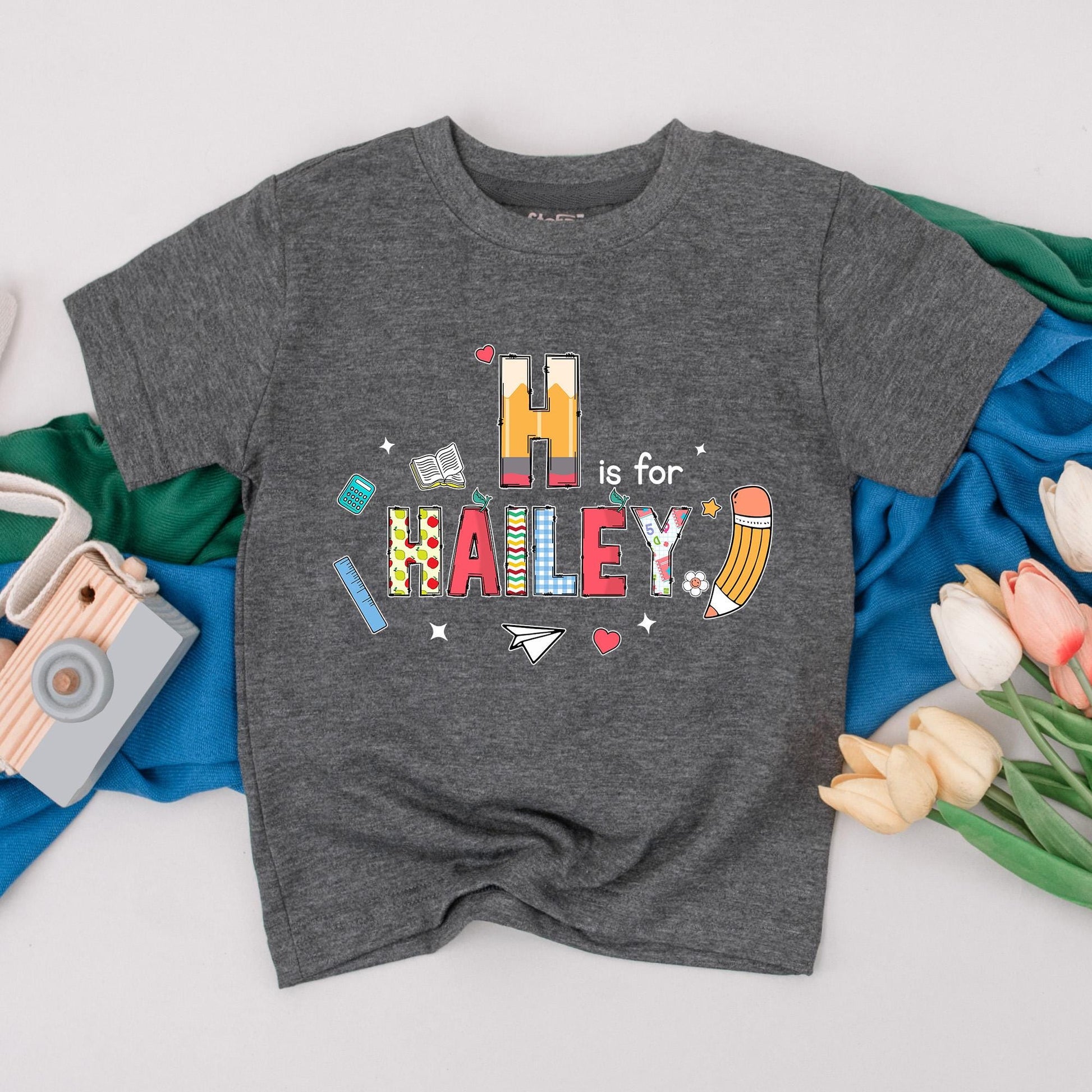 Personalized Kids Name Back To School T-Shirt First Day Outfit Cute Preschool Kindergarten Shirt H Is For Hailey Theme Whimsical