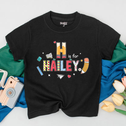 Personalized Kids Name Back To School T-Shirt First Day Outfit Cute Preschool Kindergarten Shirt H Is For Hailey Theme Whimsical