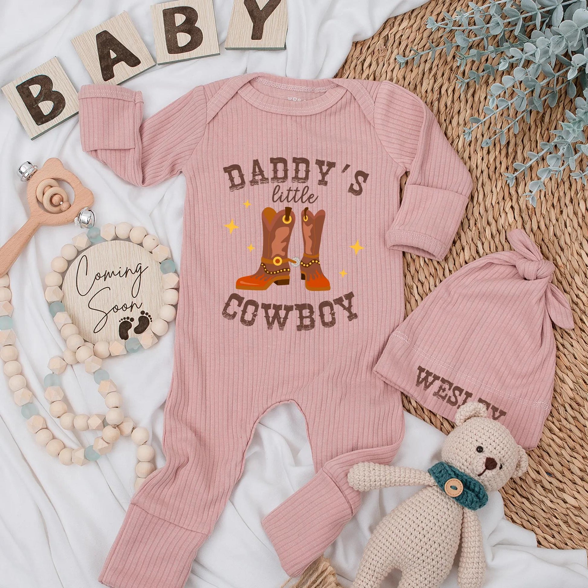 Daddy's Little Cowboy Bodysuit Western Baby Shower Gift Country Baby Clothes Newborn Outfit Rustic Theme Boots Stars Personalized Coming Home Outfit 139